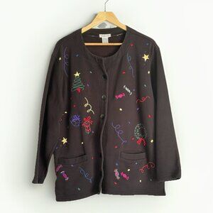 Talbots Holiday Cardigan Women’s Large Black Embroidered Festive Ugly Christmas